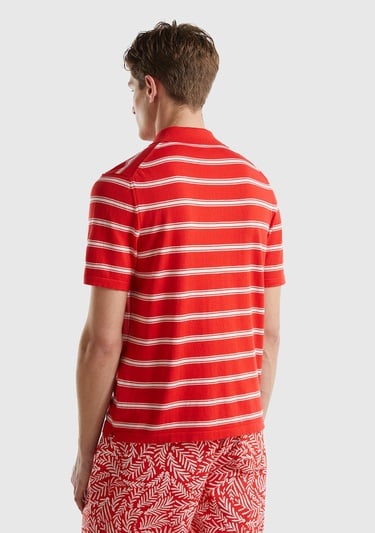  Erkek Kırmızı %100 Pamuk Çizgili 3 Düğmeli Polo Yaka Triko T-Shirt