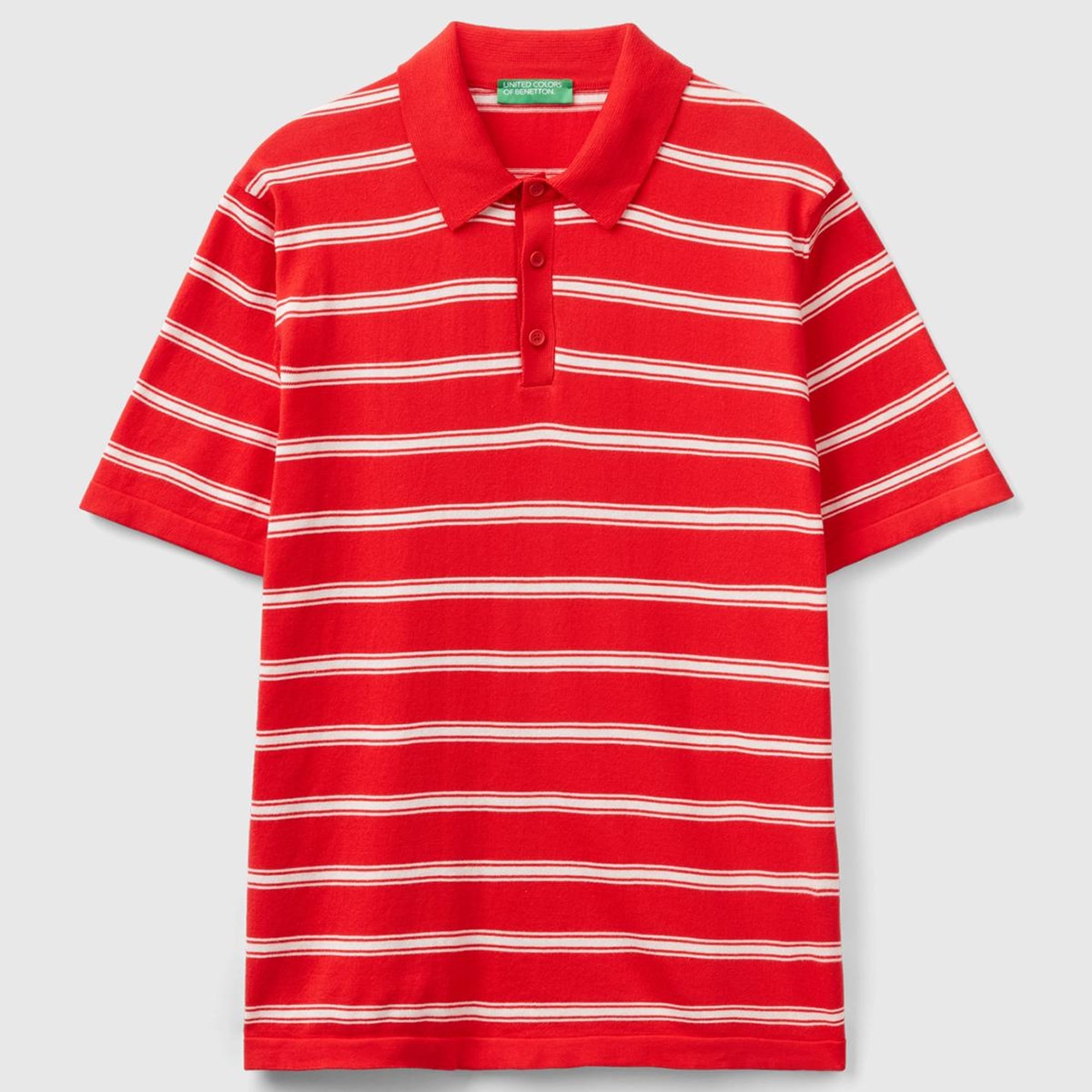 Erkek Kırmızı %100 Pamuk Çizgili 3 Düğmeli Polo Yaka Triko T-Shirt