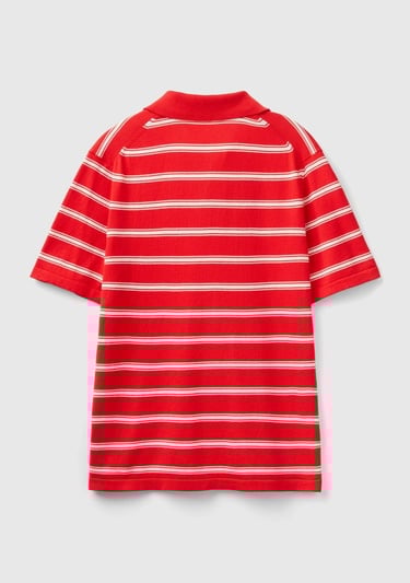  Erkek Kırmızı %100 Pamuk Çizgili 3 Düğmeli Polo Yaka Triko T-Shirt