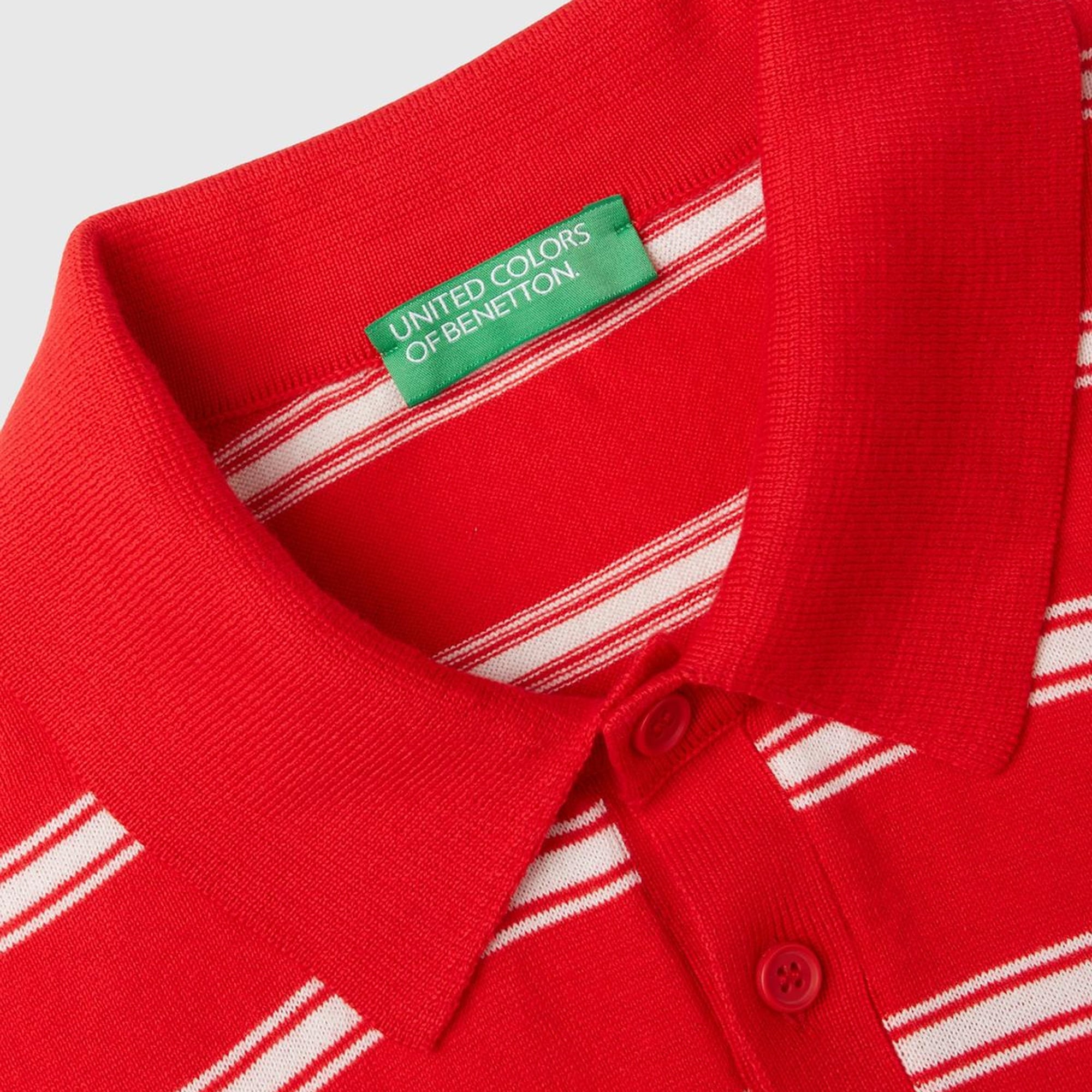 Erkek Kırmızı %100 Pamuk Çizgili 3 Düğmeli Polo Yaka Triko T-Shirt