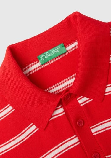  Erkek Kırmızı %100 Pamuk Çizgili 3 Düğmeli Polo Yaka Triko T-Shirt