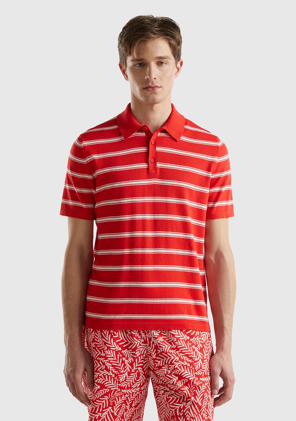  Erkek Kırmızı %100 Pamuk Çizgili 3 Düğmeli Polo Yaka Triko T-Shirt