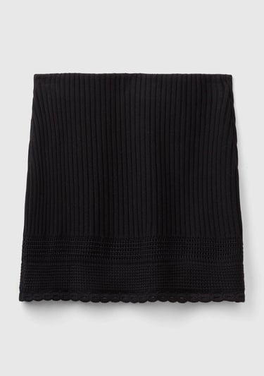  Kadın Siyah %100 Pamuk Örgü Motifli Altı Saçaklı Triko Mini Etek