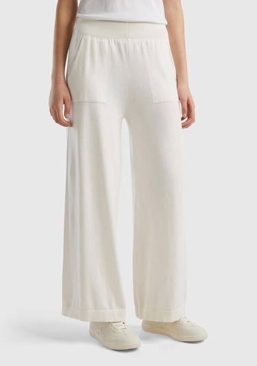  Kadın Krem %100 Koton Geniş Paça Triko Pantolon