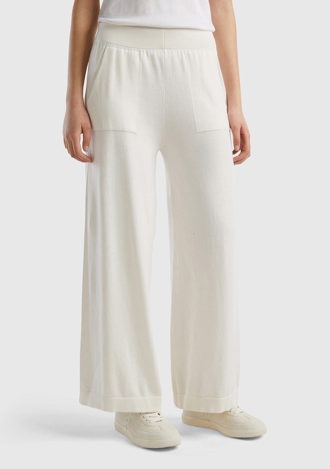  Kadın Krem %100 Koton Geniş Paça Triko Pantolon