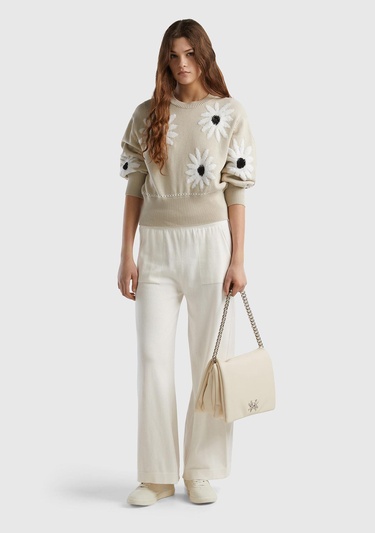  Kadın Krem %100 Koton Geniş Paça Triko Pantolon