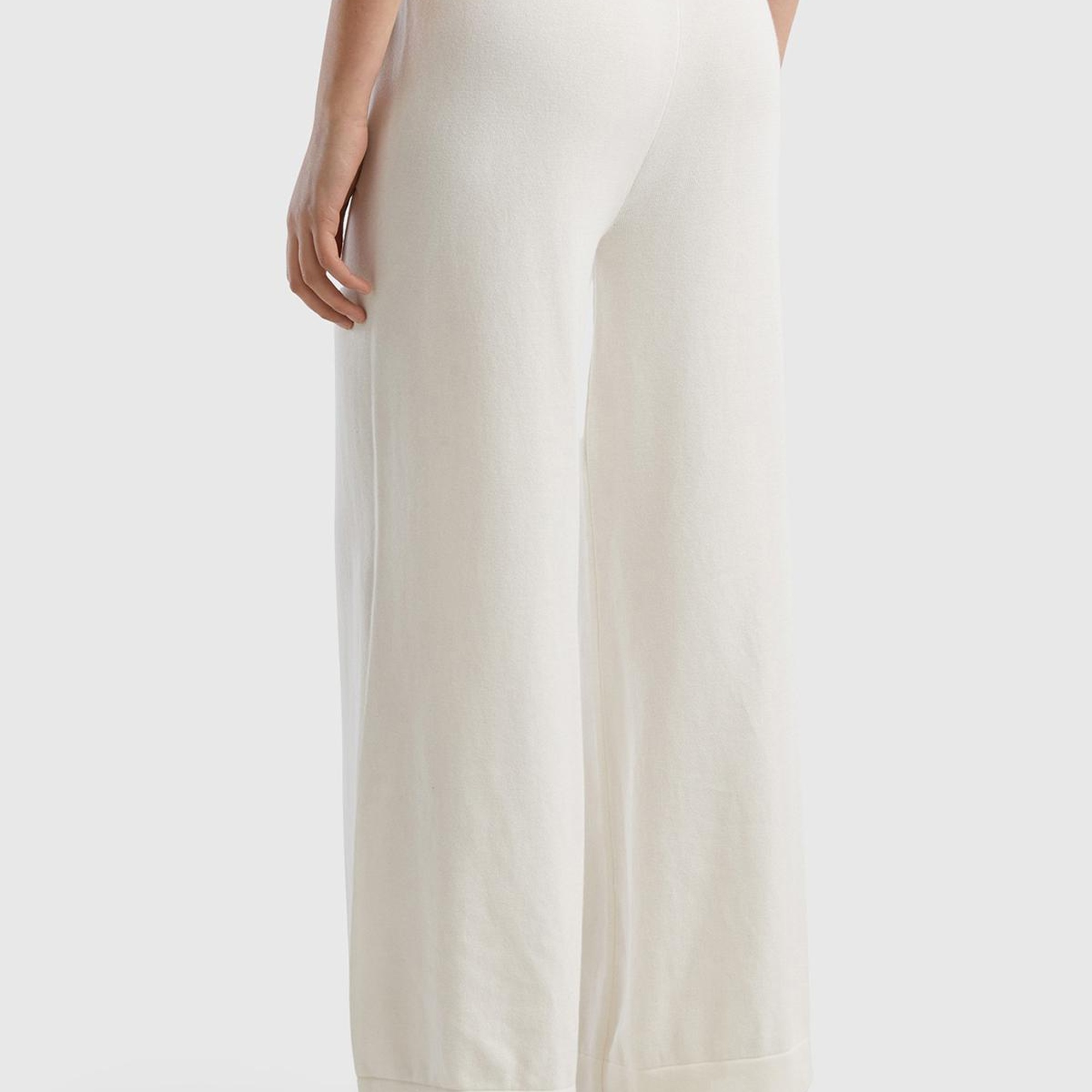 Kadın Krem %100 Koton Geniş Paça Triko Pantolon