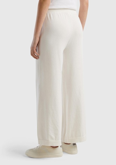  Kadın Krem %100 Koton Geniş Paça Triko Pantolon