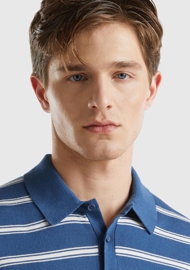  Erkek Gece Mavisi %100 Pamuk Çizgili 3 Düğmeli Polo Yaka Triko T-Shirt