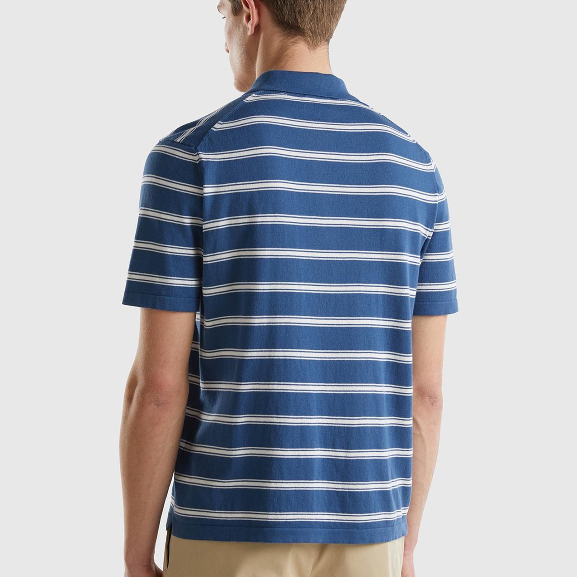 Erkek Gece Mavisi %100 Pamuk Çizgili 3 Düğmeli Polo Yaka Triko T-Shirt