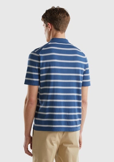  Erkek Gece Mavisi %100 Pamuk Çizgili 3 Düğmeli Polo Yaka Triko T-Shirt