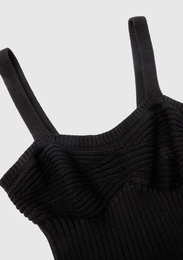  Kadın Siyah %100 Pamuk Örgü Motifli Altı Saçaklı Kalın Askılı Triko Atlet