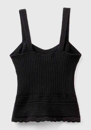  Kadın Siyah %100 Pamuk Örgü Motifli Altı Saçaklı Kalın Askılı Triko Atlet