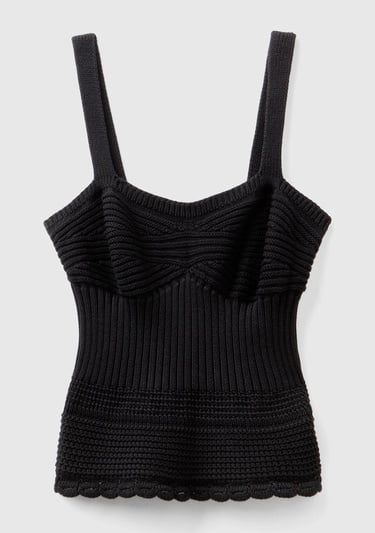  Kadın Siyah %100 Pamuk Örgü Motifli Altı Saçaklı Kalın Askılı Triko Atlet