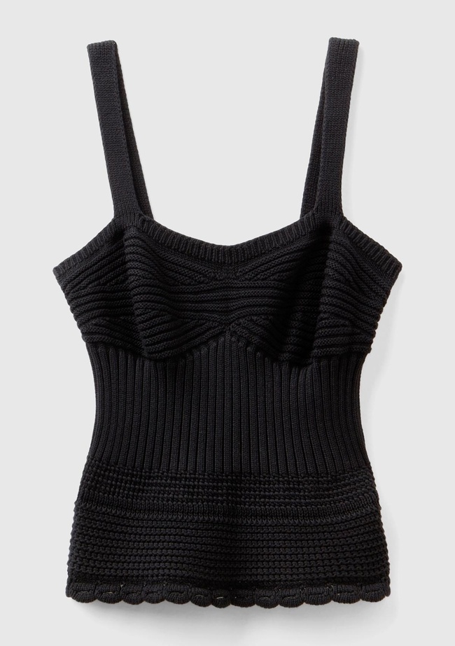  Kadın Siyah %100 Pamuk Örgü Motifli Altı Saçaklı Kalın Askılı Triko Atlet