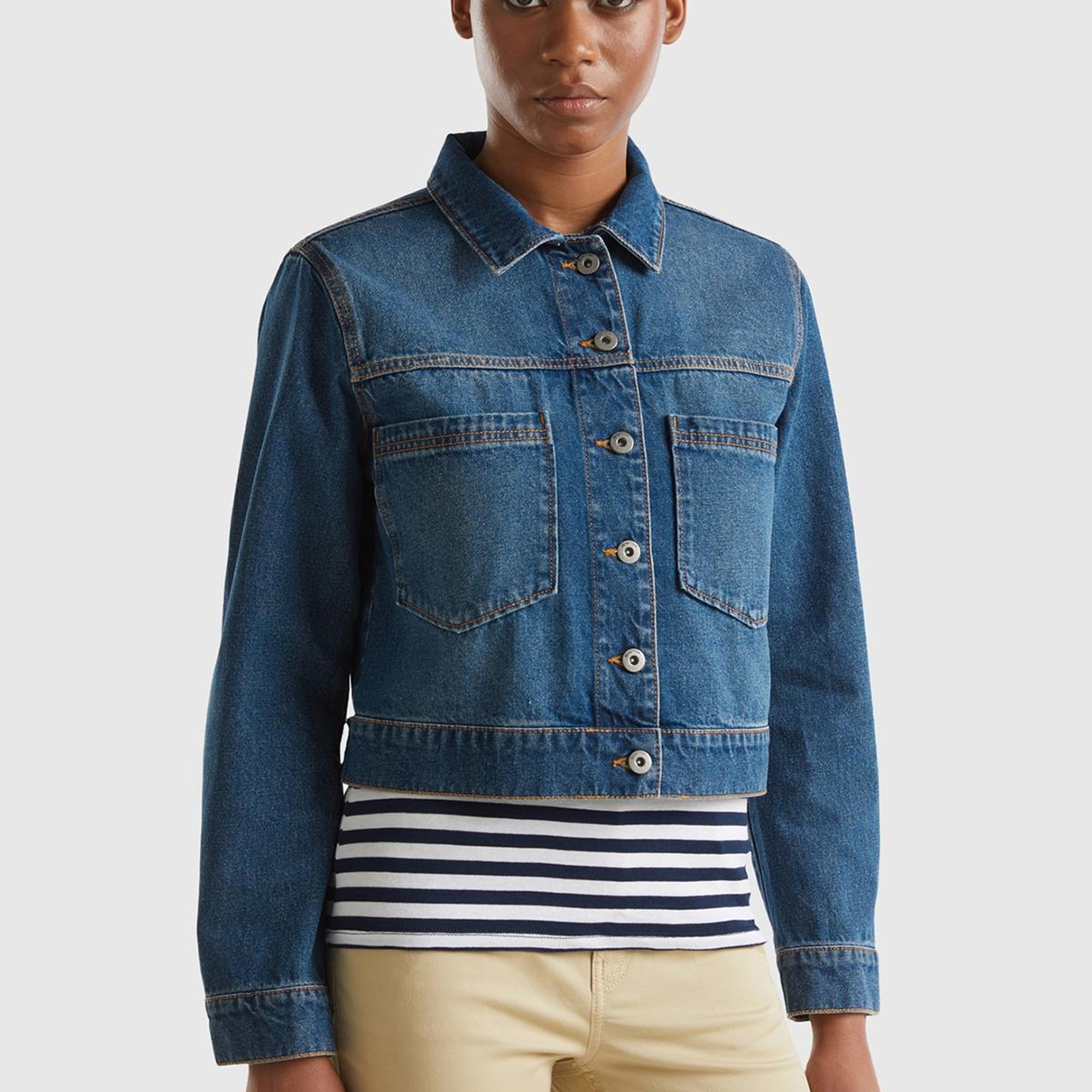 Kadın İndigo %100 Pamuk Yama Cepli Beli Ayarlanabilir Denim Ceket