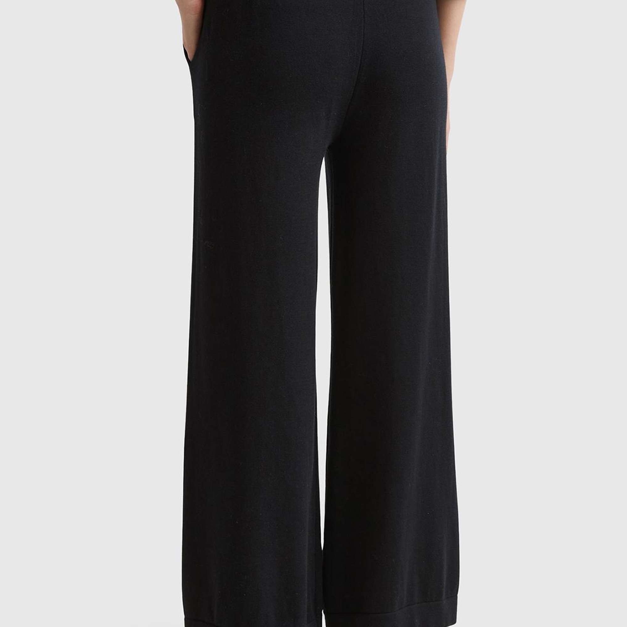 Kadın Siyah %100 Koton Geniş Paça Triko Pantolon