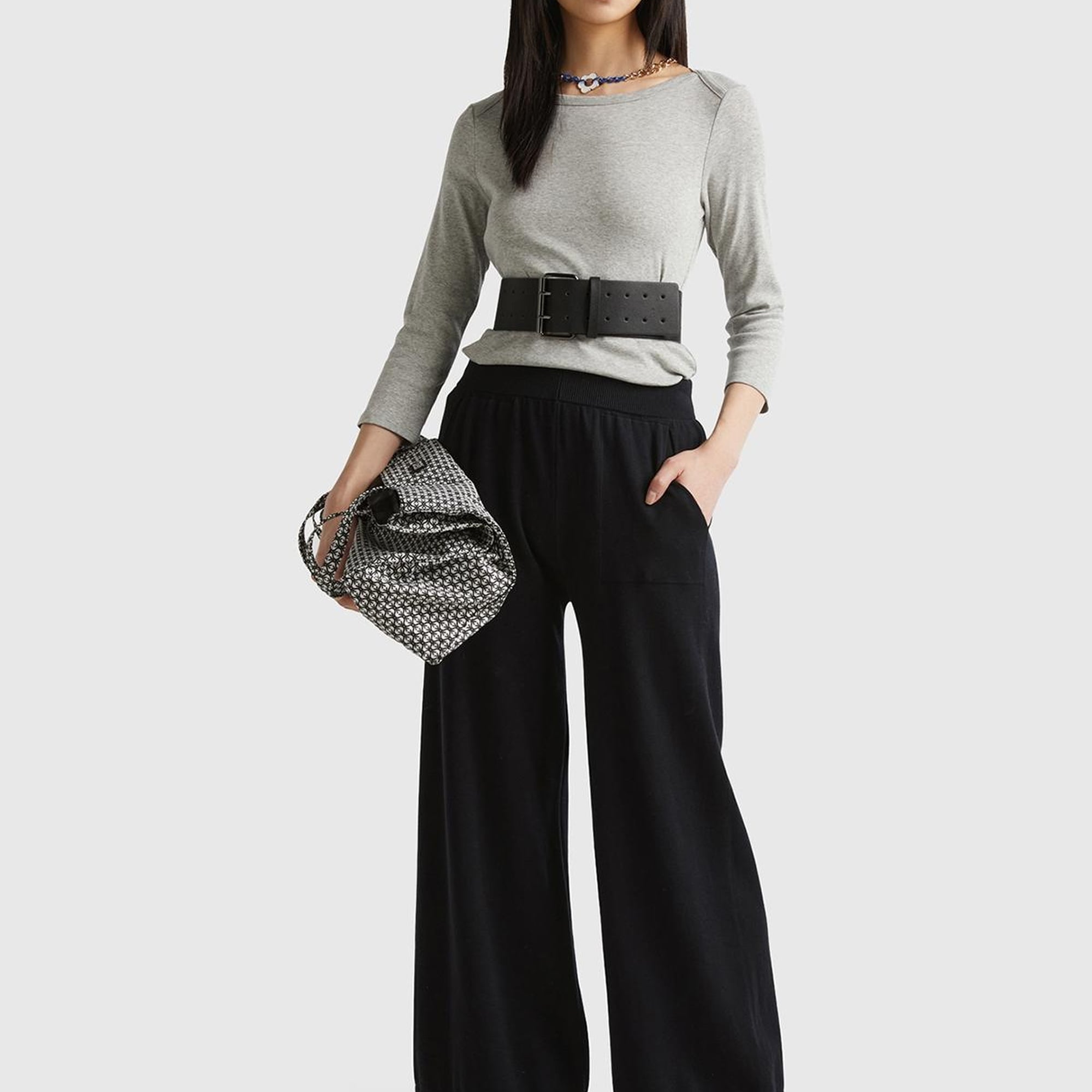 Kadın Siyah %100 Koton Geniş Paça Triko Pantolon