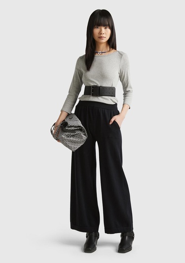  Kadın Siyah %100 Koton Geniş Paça Triko Pantolon