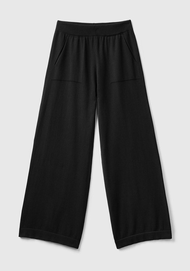  Kadın Siyah %100 Koton Geniş Paça Triko Pantolon