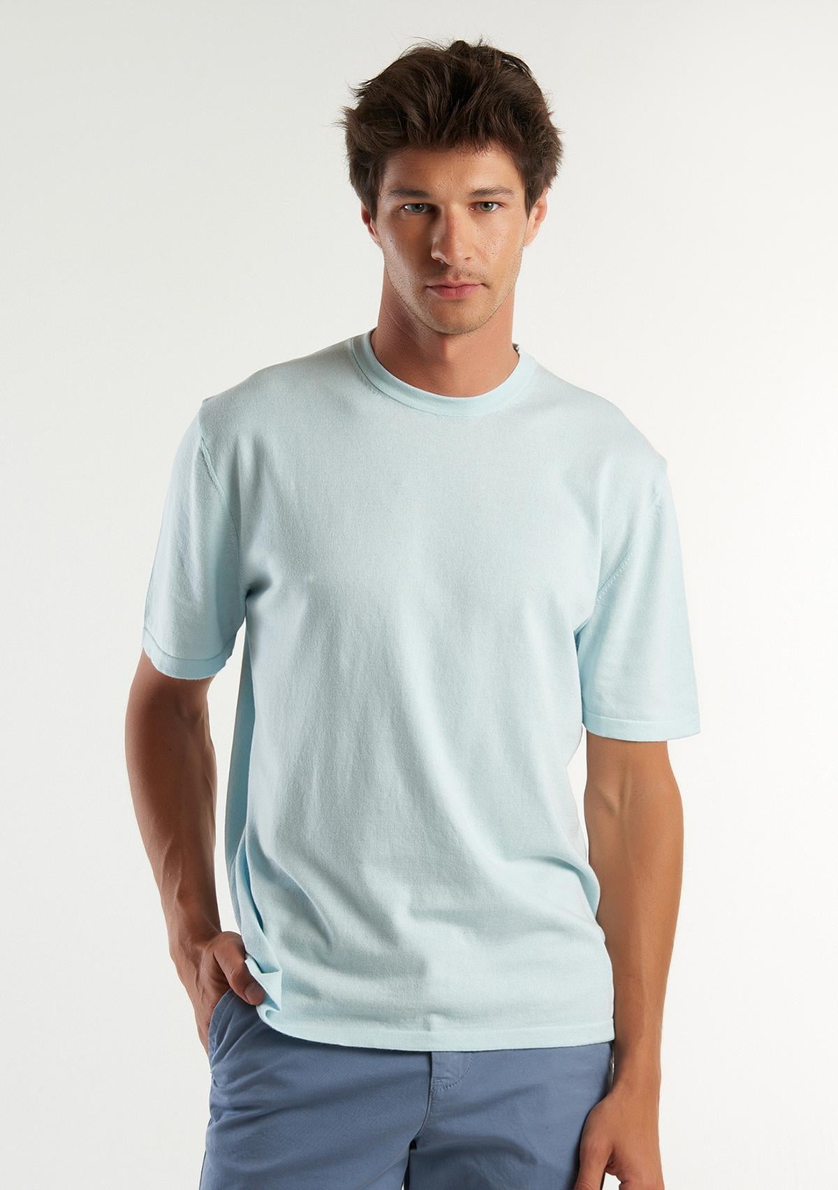  Erkek Uçuk Mavi %100 Pamuk Tek Renkli Bisiklet Yaka Triko T-Shirt