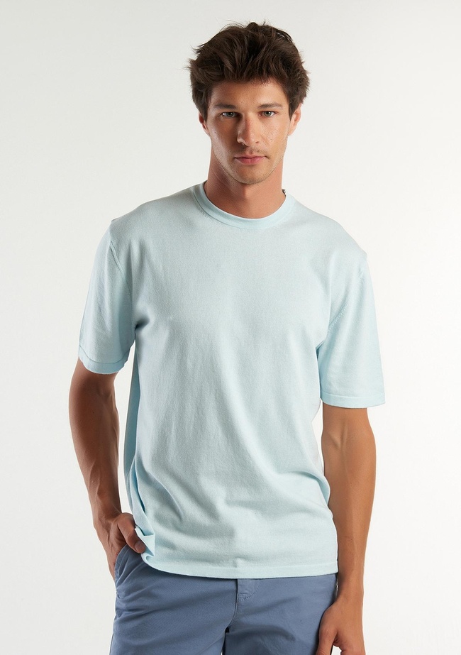  Erkek Uçuk Mavi %100 Pamuk Tek Renkli Bisiklet Yaka Triko T-Shirt