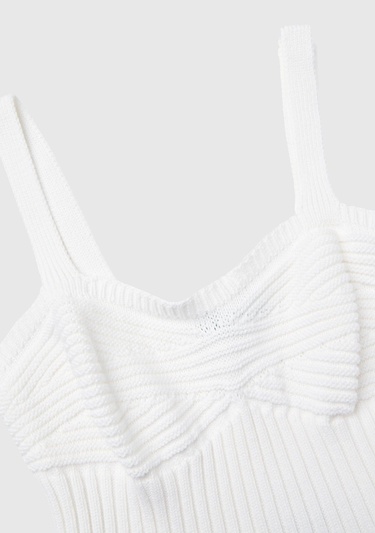  Kadın Beyaz %100 Pamuk Örgü Motifli Altı Saçaklı Kalın Askılı Triko Atlet