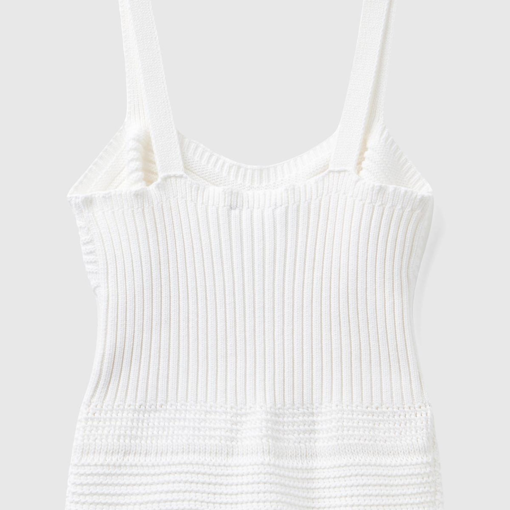 Kadın Beyaz %100 Pamuk Örgü Motifli Altı Saçaklı Kalın Askılı Triko Atlet