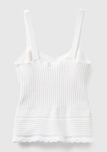  Kadın Beyaz %100 Pamuk Örgü Motifli Altı Saçaklı Kalın Askılı Triko Atlet