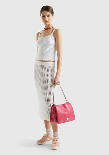  Kadın Beyaz %100 Pamuk Örgü Motifli Altı Saçaklı Kalın Askılı Triko Atlet