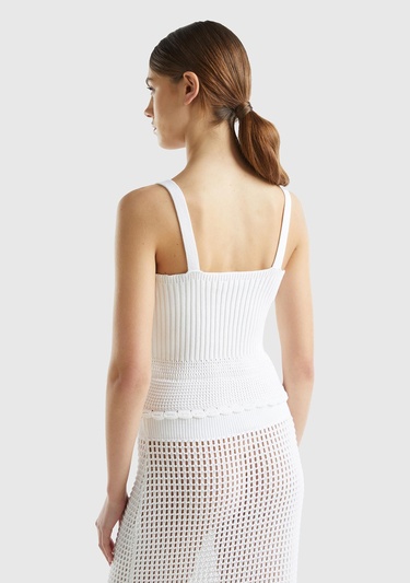  Kadın Beyaz %100 Pamuk Örgü Motifli Altı Saçaklı Kalın Askılı Triko Atlet