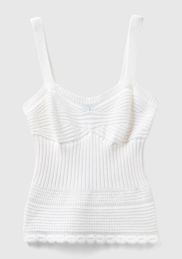  Kadın Beyaz %100 Pamuk Örgü Motifli Altı Saçaklı Kalın Askılı Triko Atlet