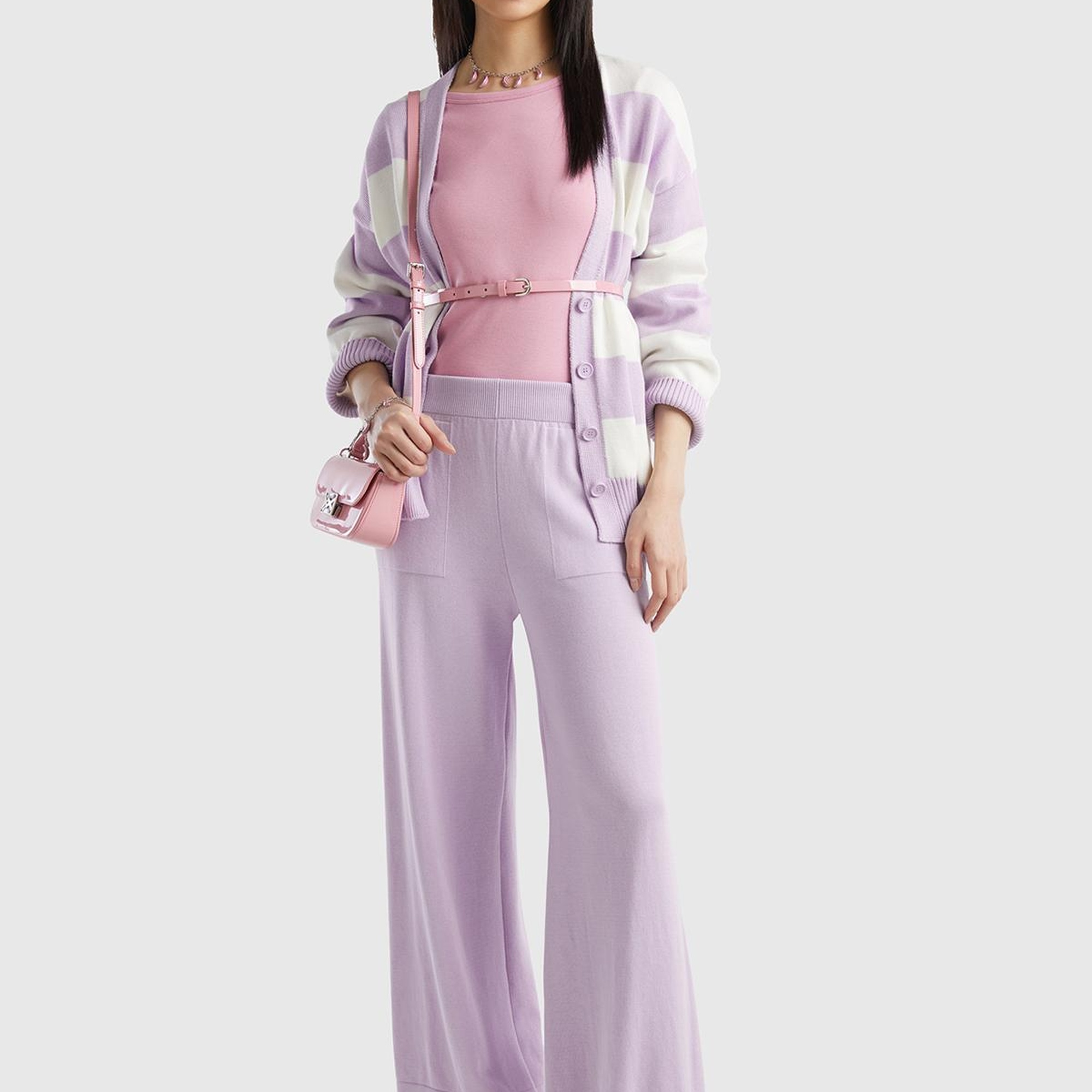 Kadın Lila %100 Koton Geniş Paça Triko Pantolon