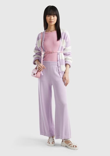  Kadın Lila %100 Koton Geniş Paça Triko Pantolon