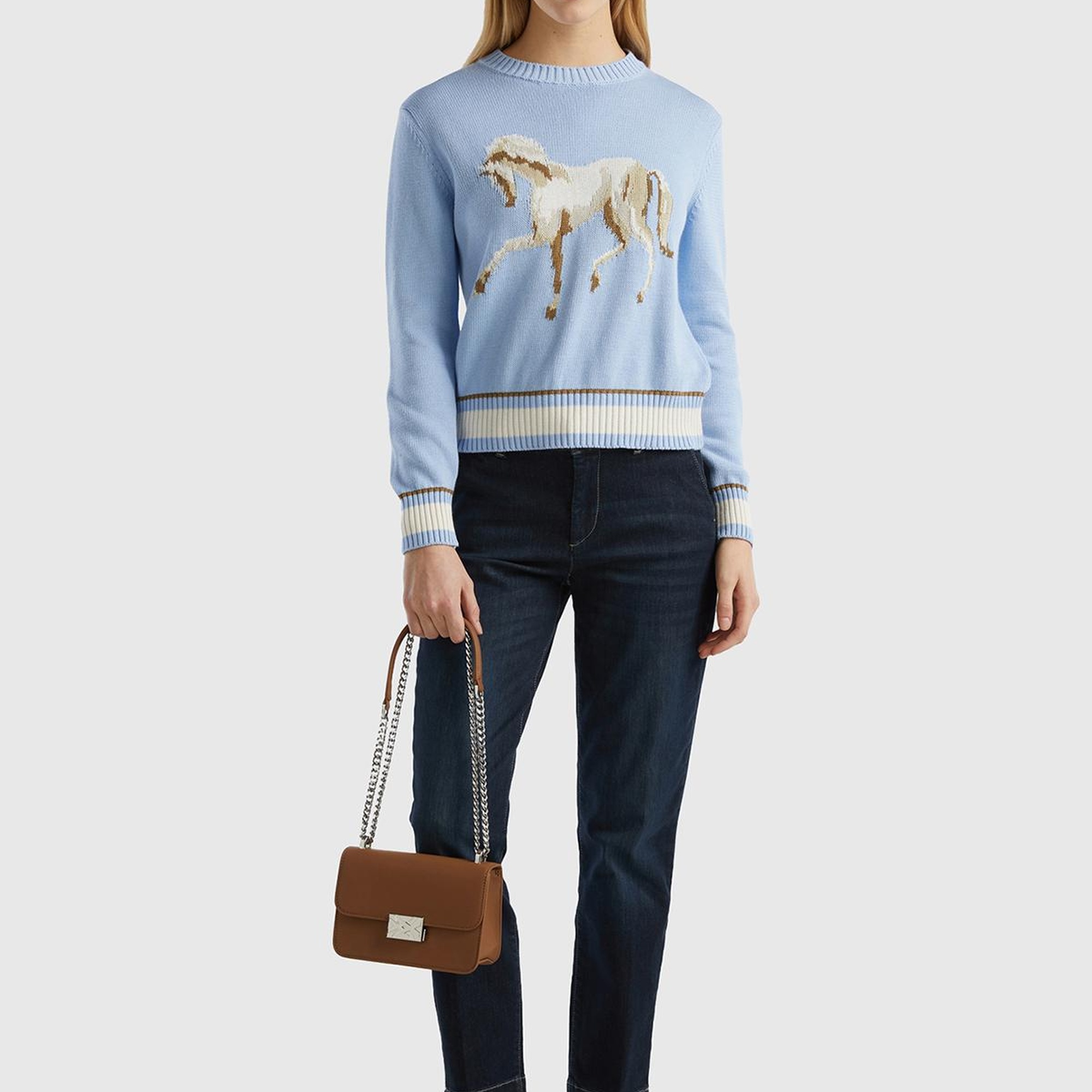 Kadın Açık Mavi %100 Pamuk Kontrast At Baskılı Bisiklet Yaka Kazak