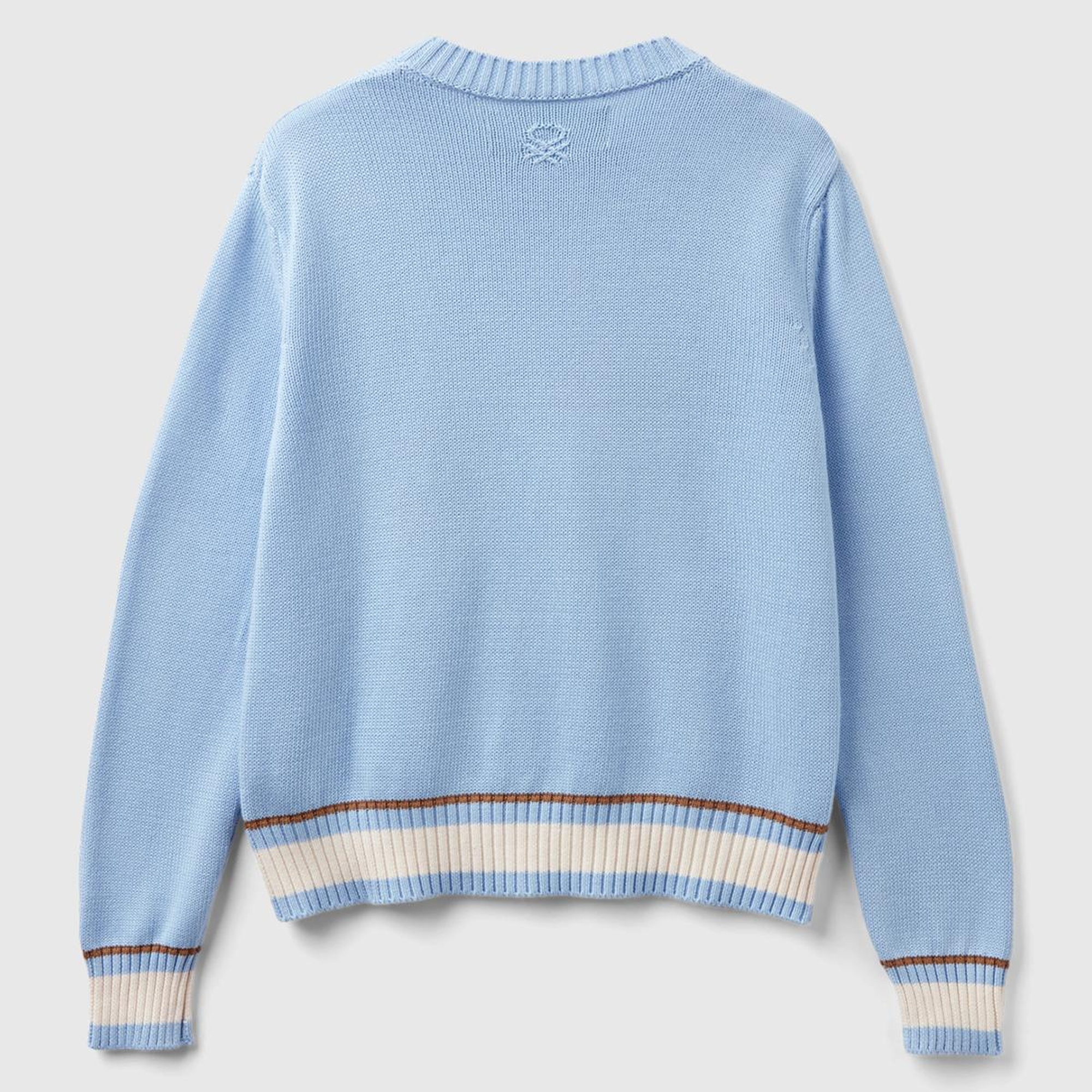 Kadın Açık Mavi %100 Pamuk Kontrast At Baskılı Bisiklet Yaka Kazak