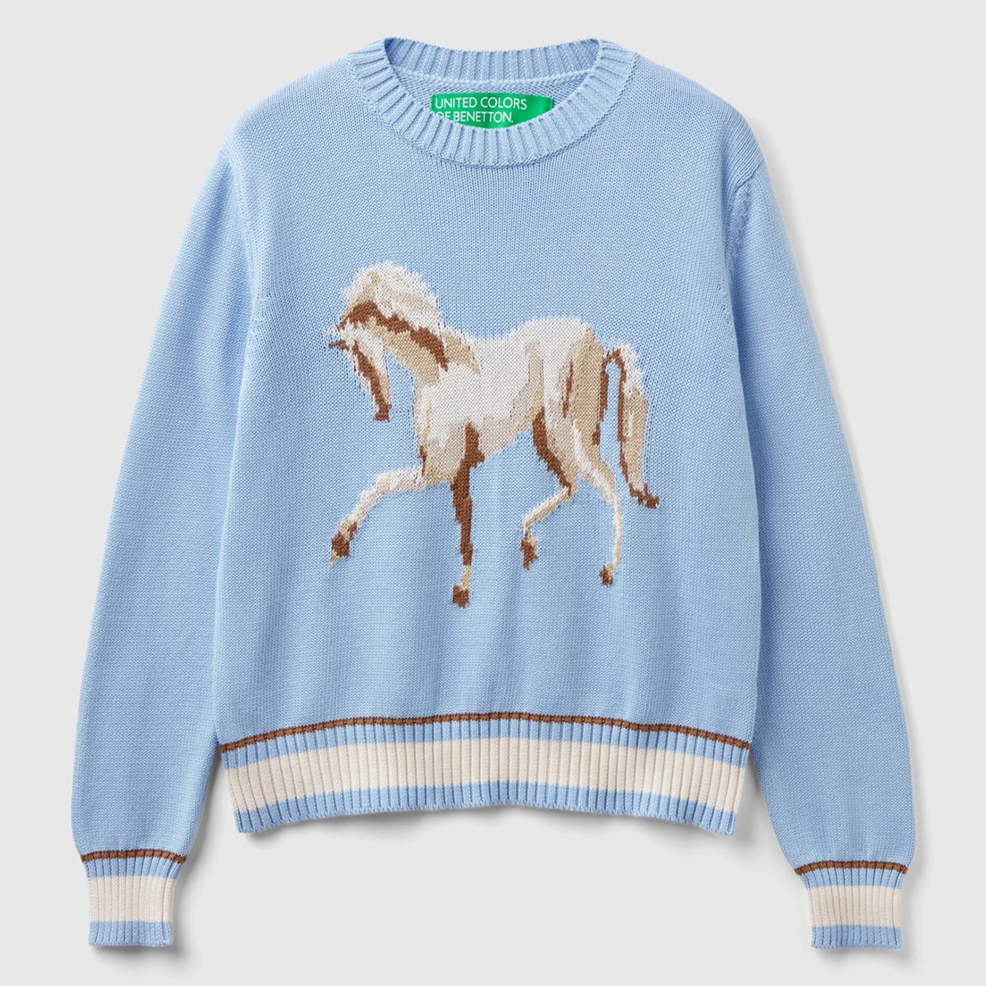 Kadın Açık Mavi %100 Pamuk Kontrast At Baskılı Bisiklet Yaka Kazak