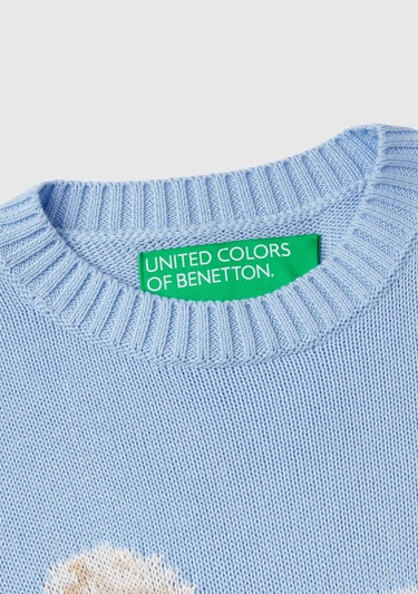  Kadın Açık Mavi %100 Pamuk Kontrast At Baskılı Bisiklet Yaka Kazak