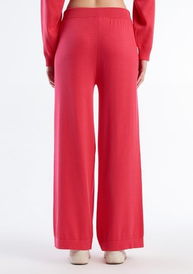  Kadın Koyu Pembe %100 Koton Geniş Paça Triko Pantolon