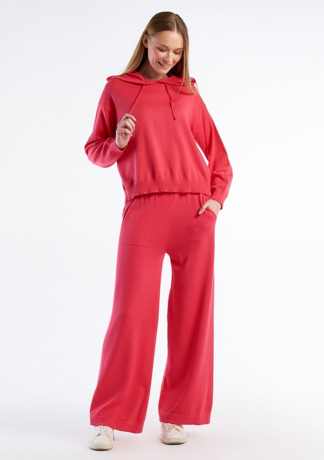  Kadın Koyu Pembe %100 Koton Geniş Paça Triko Pantolon