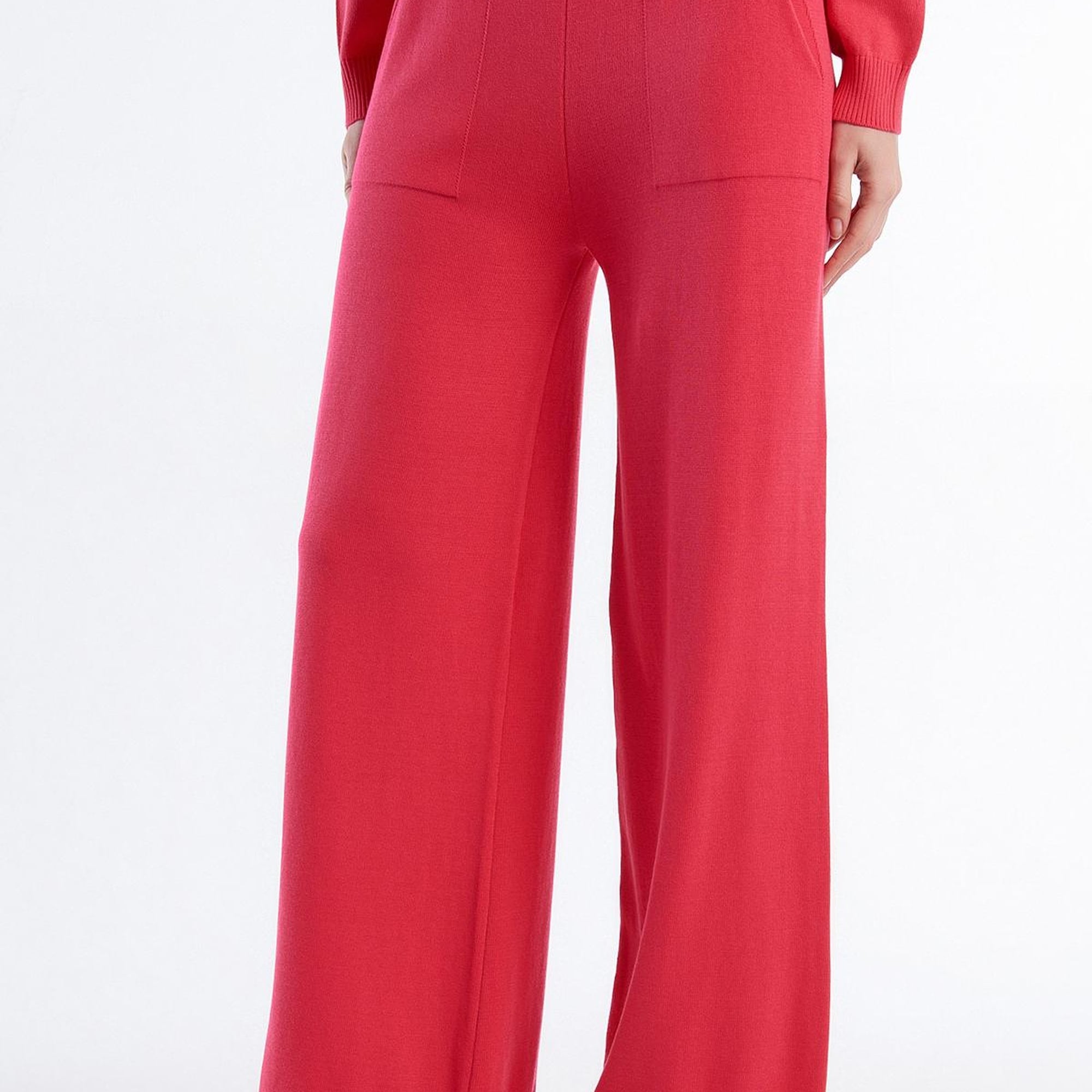 Kadın Koyu Pembe %100 Koton Geniş Paça Triko Pantolon