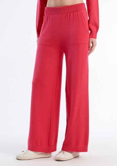  Kadın Koyu Pembe %100 Koton Geniş Paça Triko Pantolon