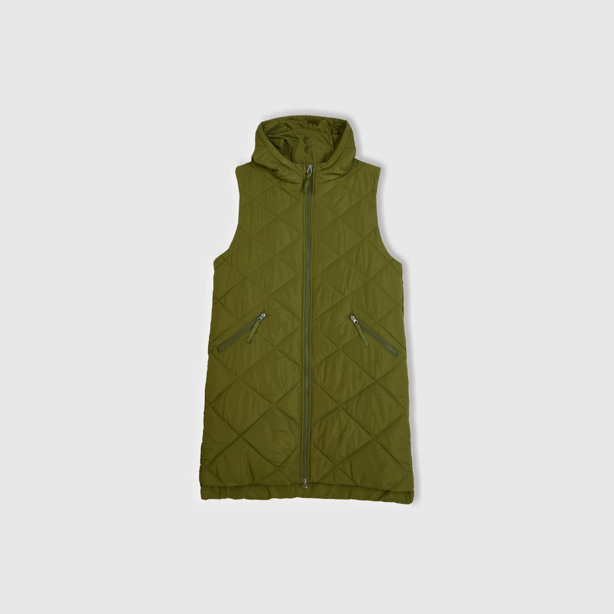 Kadın Haki Kolsuz Uzun Kapitone Mont