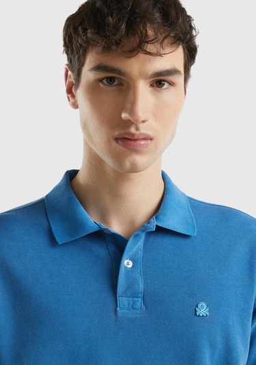  Erkek Koyu Mavi %100 Pamuk Göğsü Yama Logo İşlemeli Polo Yaka T-Shirt