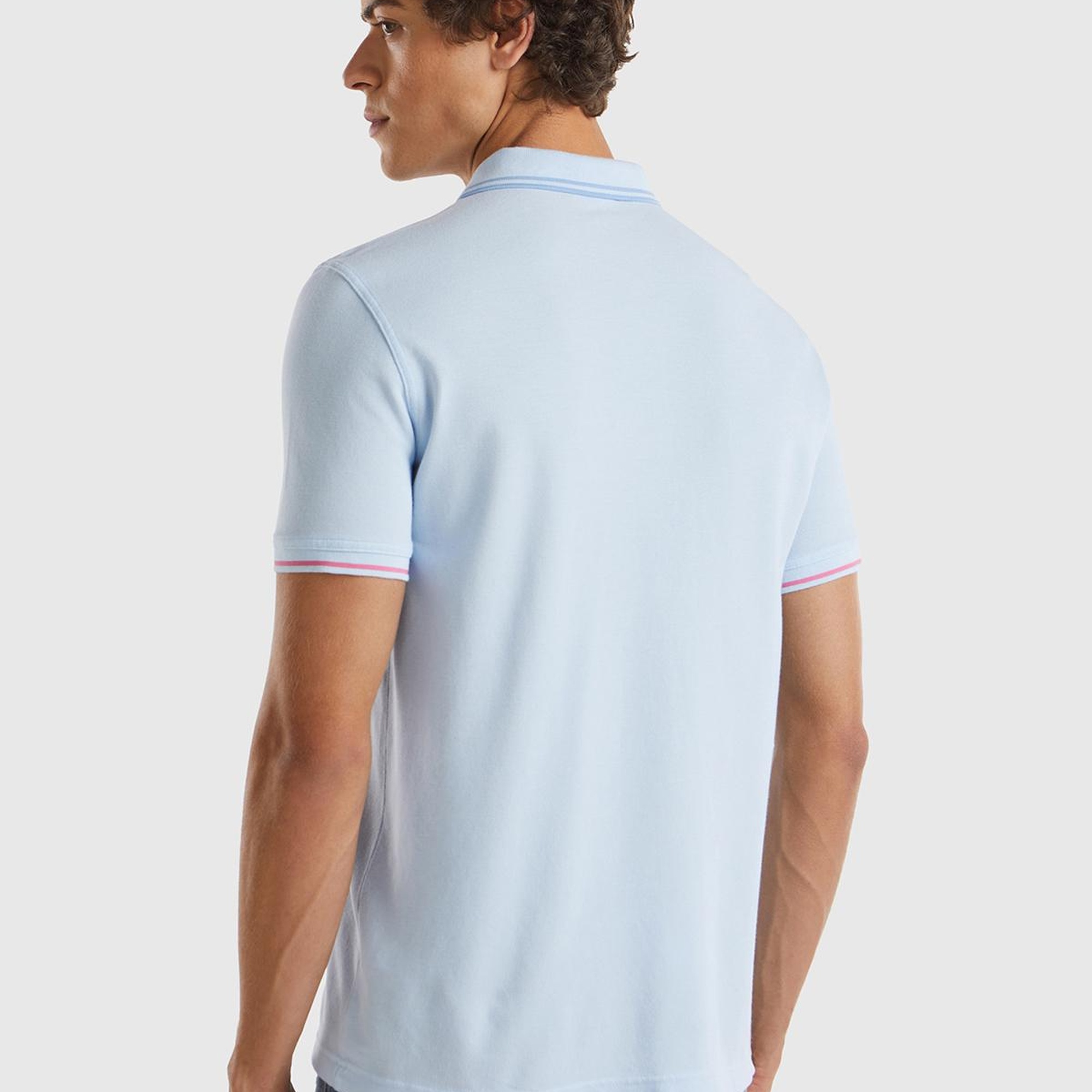 Erkek Açık Mavi %100 Pamuk Göğsü Logo İşlemeli Kontrast Çizgili Polo T-Shirt