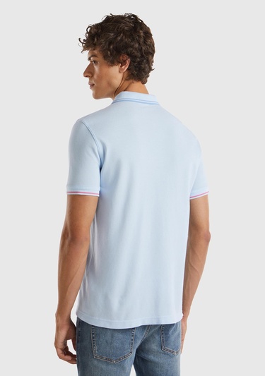  Erkek Açık Mavi %100 Pamuk Göğsü Logo İşlemeli Kontrast Çizgili Polo T-Shirt