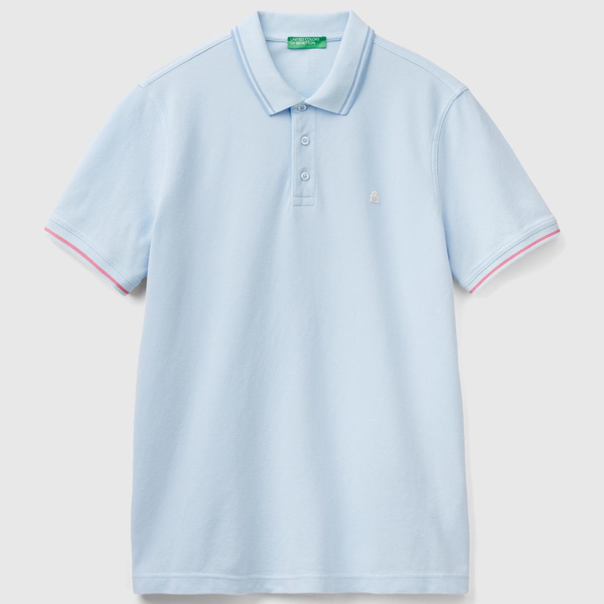 Erkek Açık Mavi %100 Pamuk Göğsü Logo İşlemeli Kontrast Çizgili Polo T-Shirt