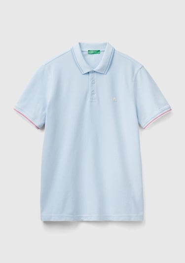  Erkek Açık Mavi %100 Pamuk Göğsü Logo İşlemeli Kontrast Çizgili Polo T-Shirt