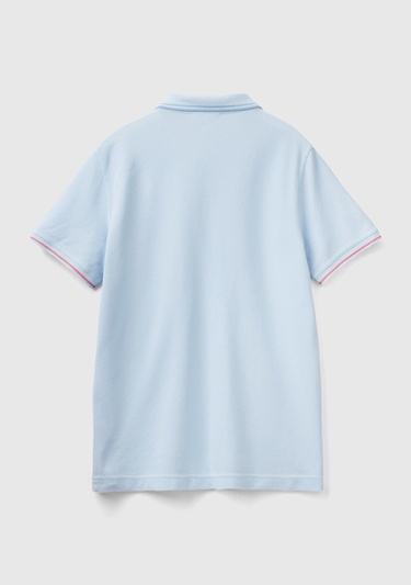  Erkek Açık Mavi %100 Pamuk Göğsü Logo İşlemeli Kontrast Çizgili Polo T-Shirt