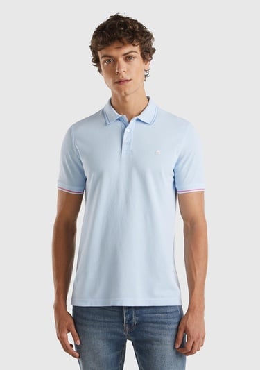  Erkek Açık Mavi %100 Pamuk Göğsü Logo İşlemeli Kontrast Çizgili Polo T-Shirt